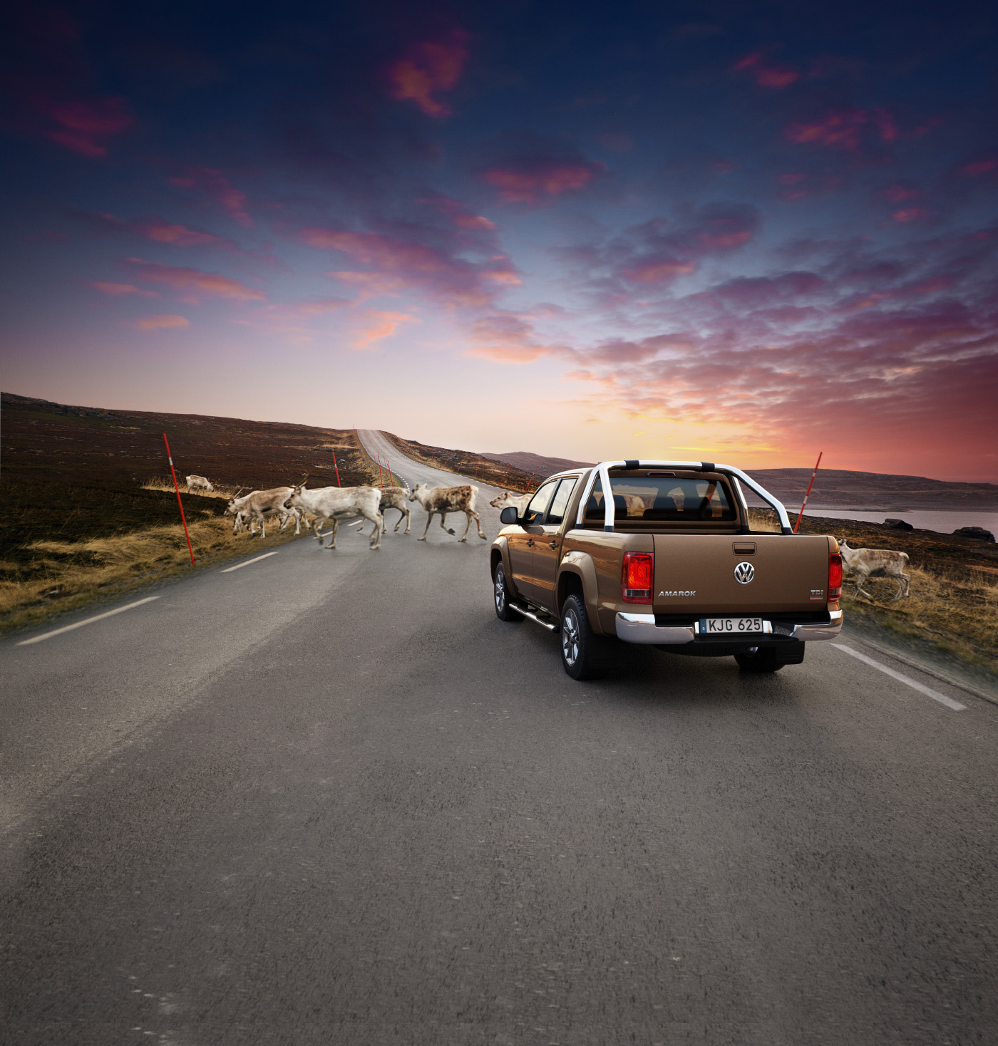 Volkswagen Amarok at a mountain road with reindeers at sunset. VW car metallic 3D model fjäll renar bil väg