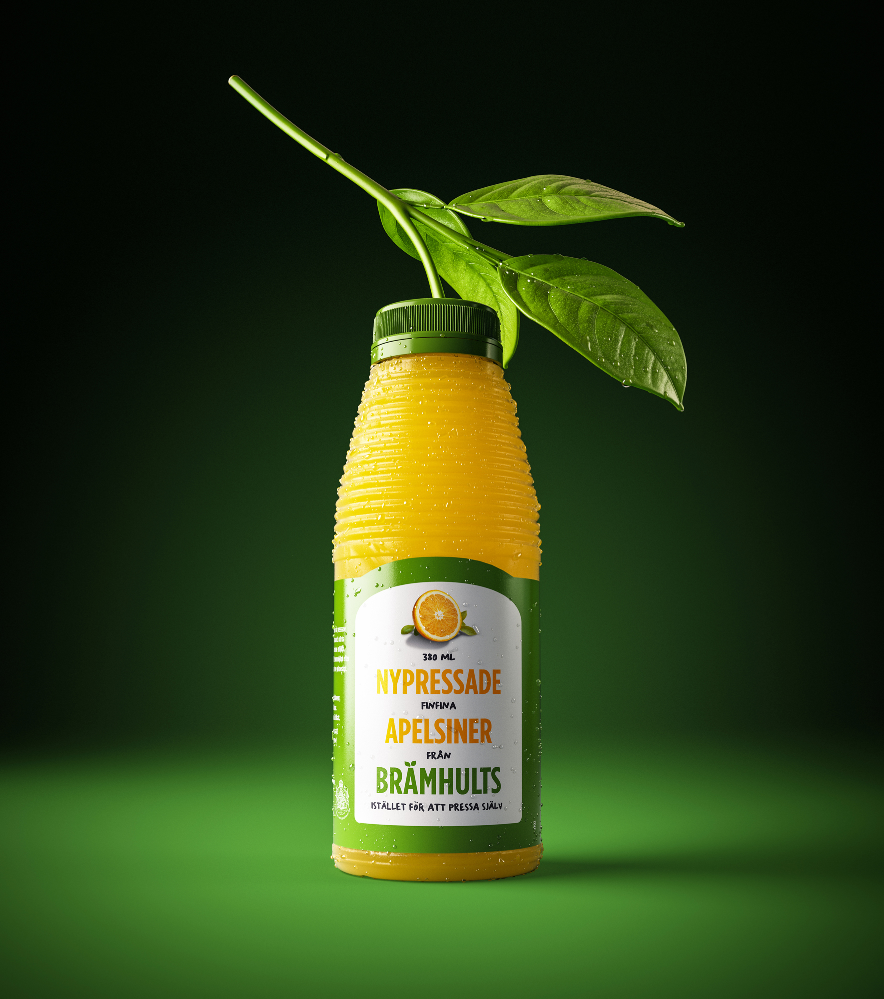 One bottle of orange juice from brämhults with leaf ant branch, fresh fruit citrus. Apelsin löv kvist 