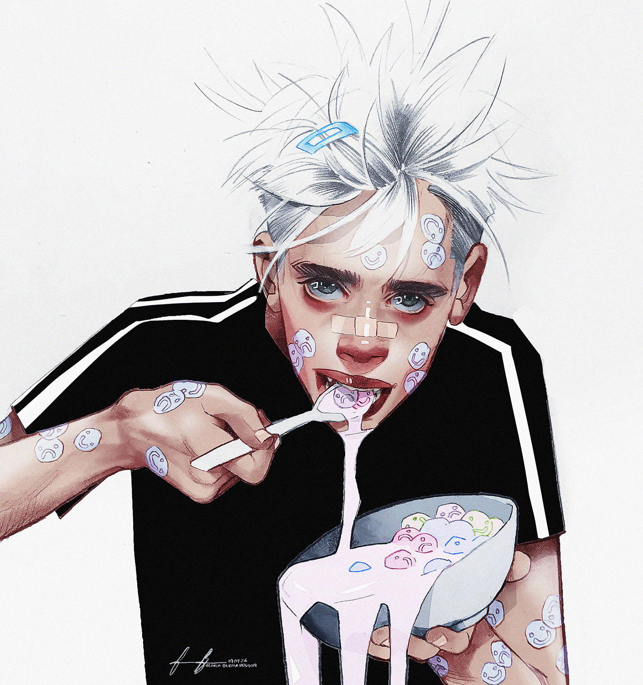 Drawing of boy with stickers on face eating cereal Illustration av kille med klistermärken i ansiktet som äter flingor med mjölk