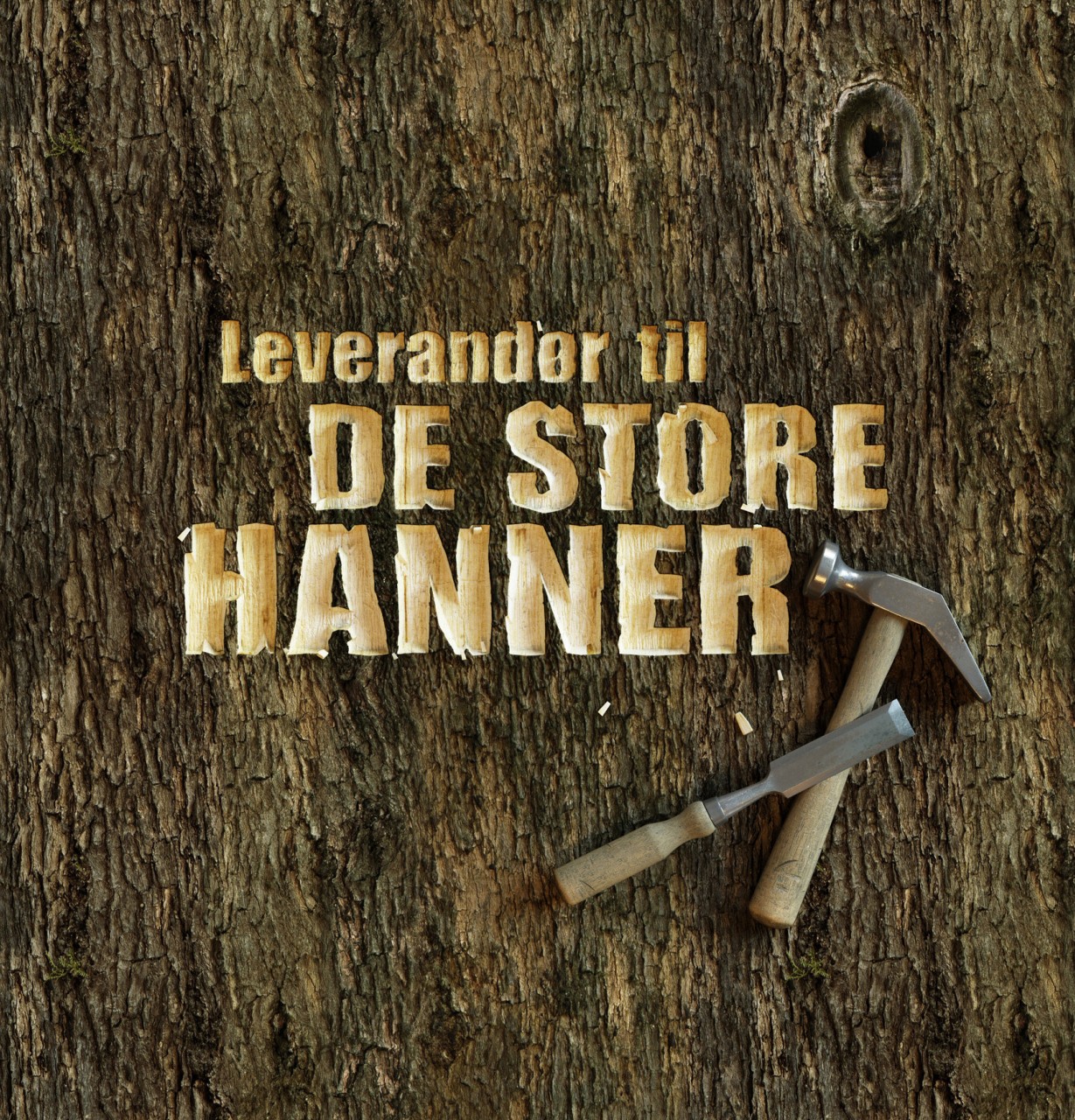 text carved in tree trunk for den store hammer Danish  beer