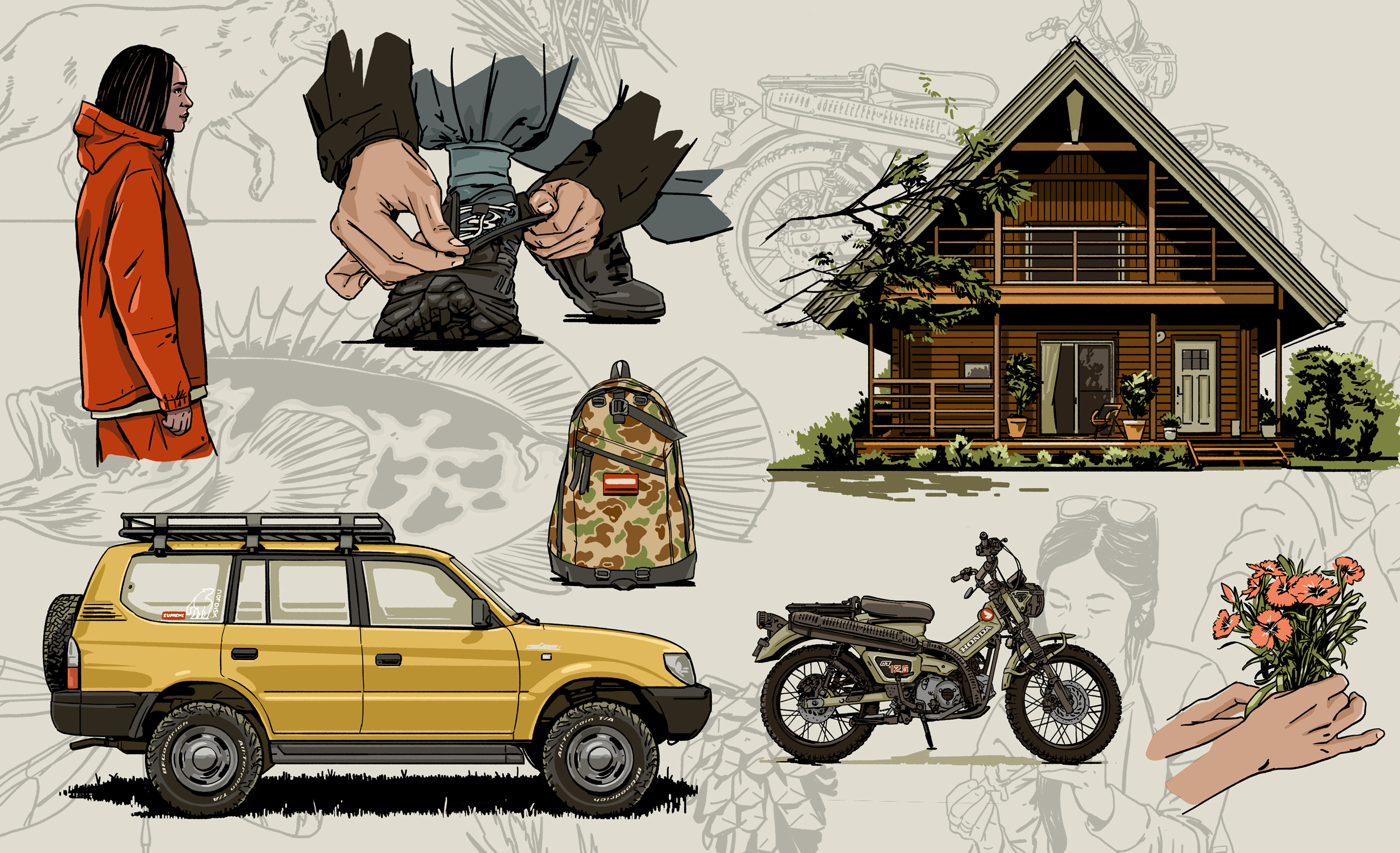 Mixed illustrations camping lifestyle