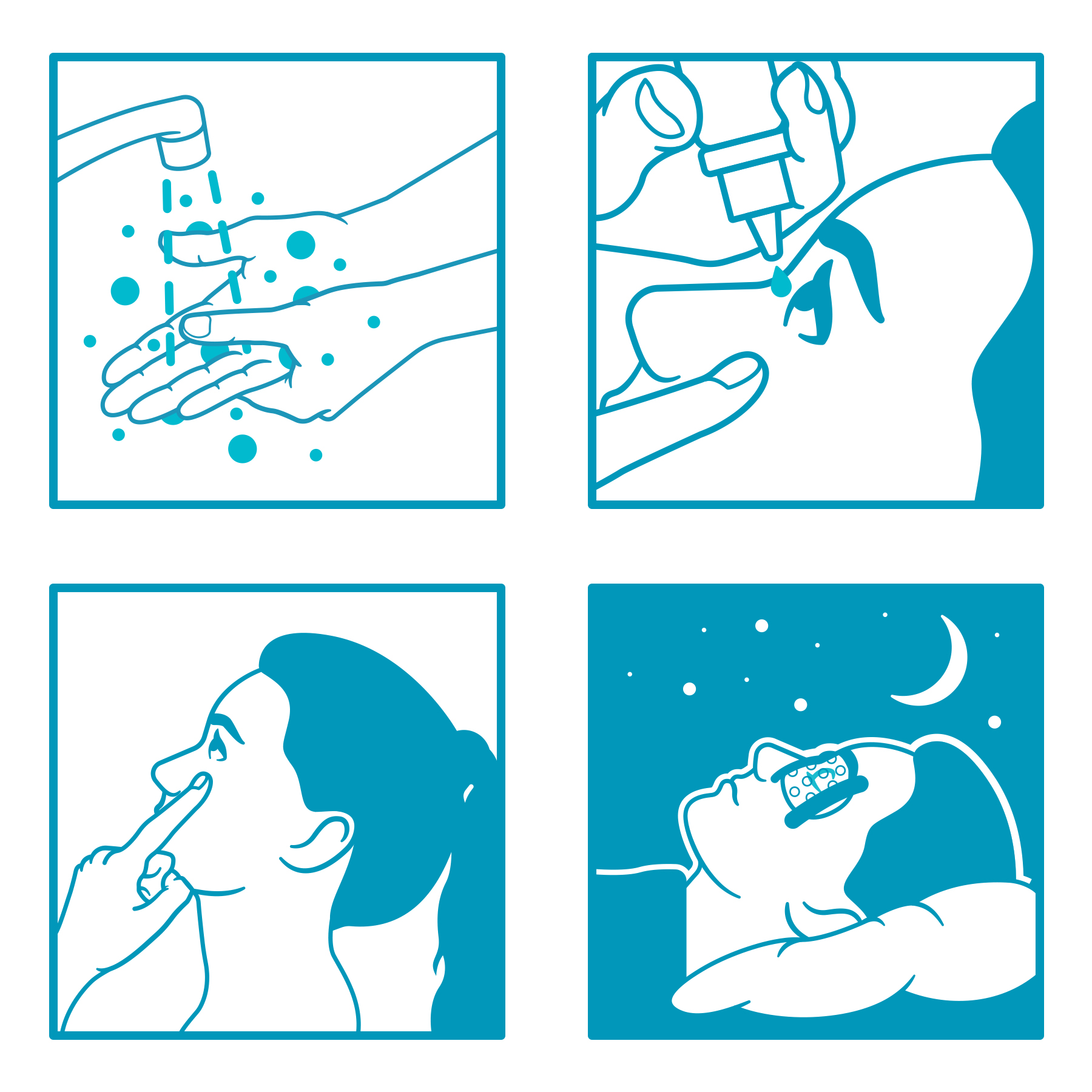 Eye drop instruction and infographic informative illustration to show how to wash your hands, pull down your lower eyelid, one drop into your pocket, close your eyes and how to sleep with your eye shield