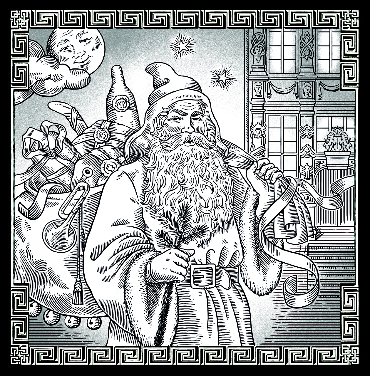 Illustrations for a label Goder Aftonglögg with Santa Claus.