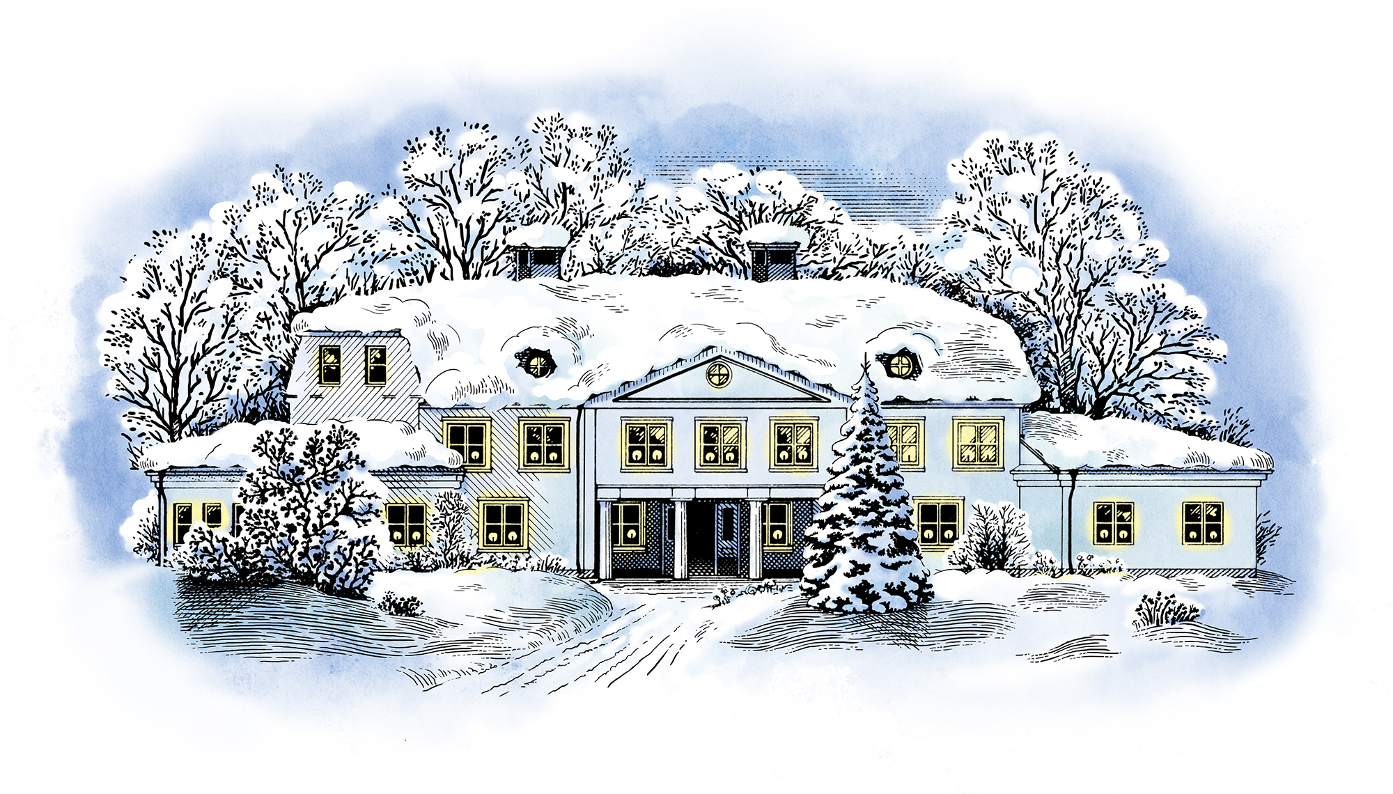 Illustration for a label Herrgårds Julsnaps showing a resident house in the snowy landscape.