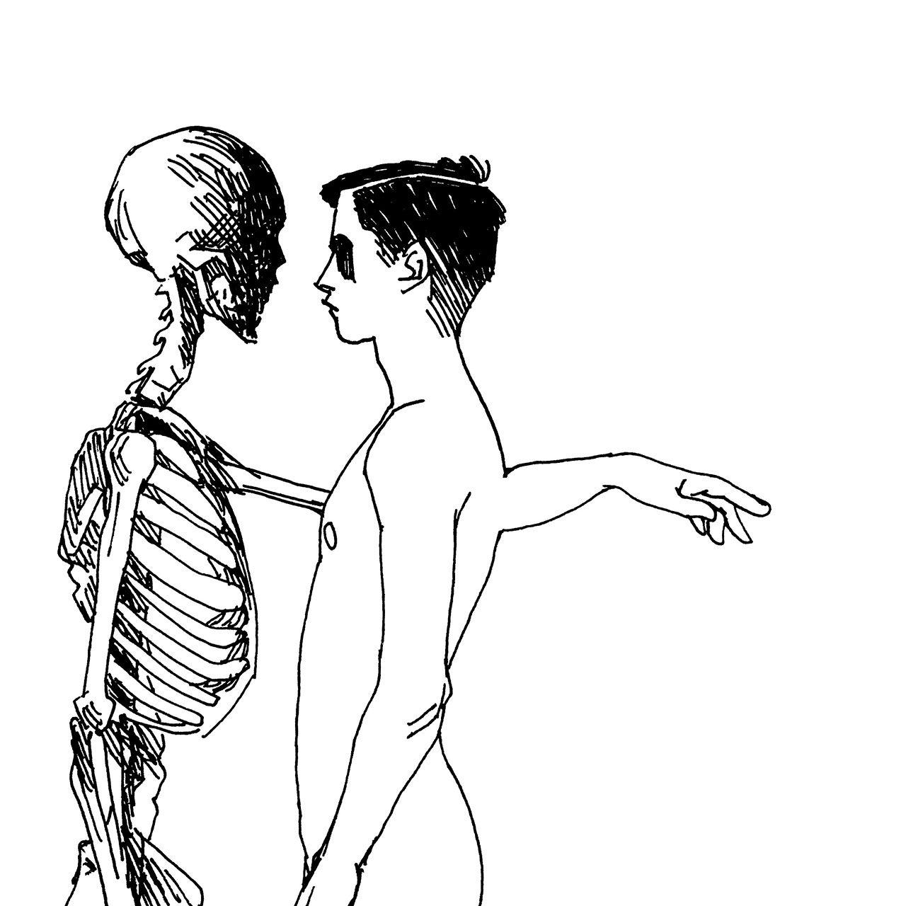 Drawing of skeleton touching human Illustration av skelett som rör vid människa