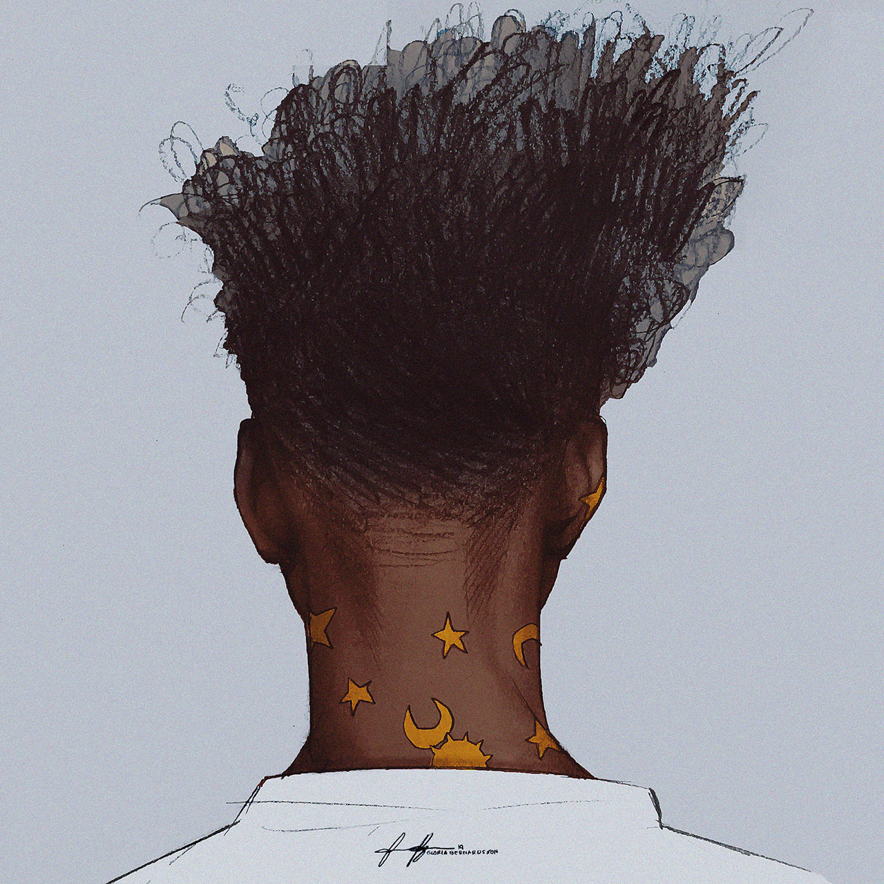 Boy with stickers on neck facing from camera Kille med afro och klistermärken på nacken