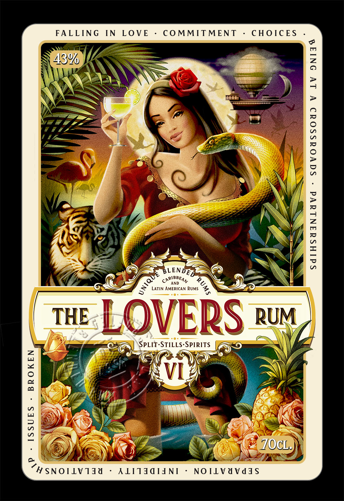 Lovers rum label snake pineapple plants