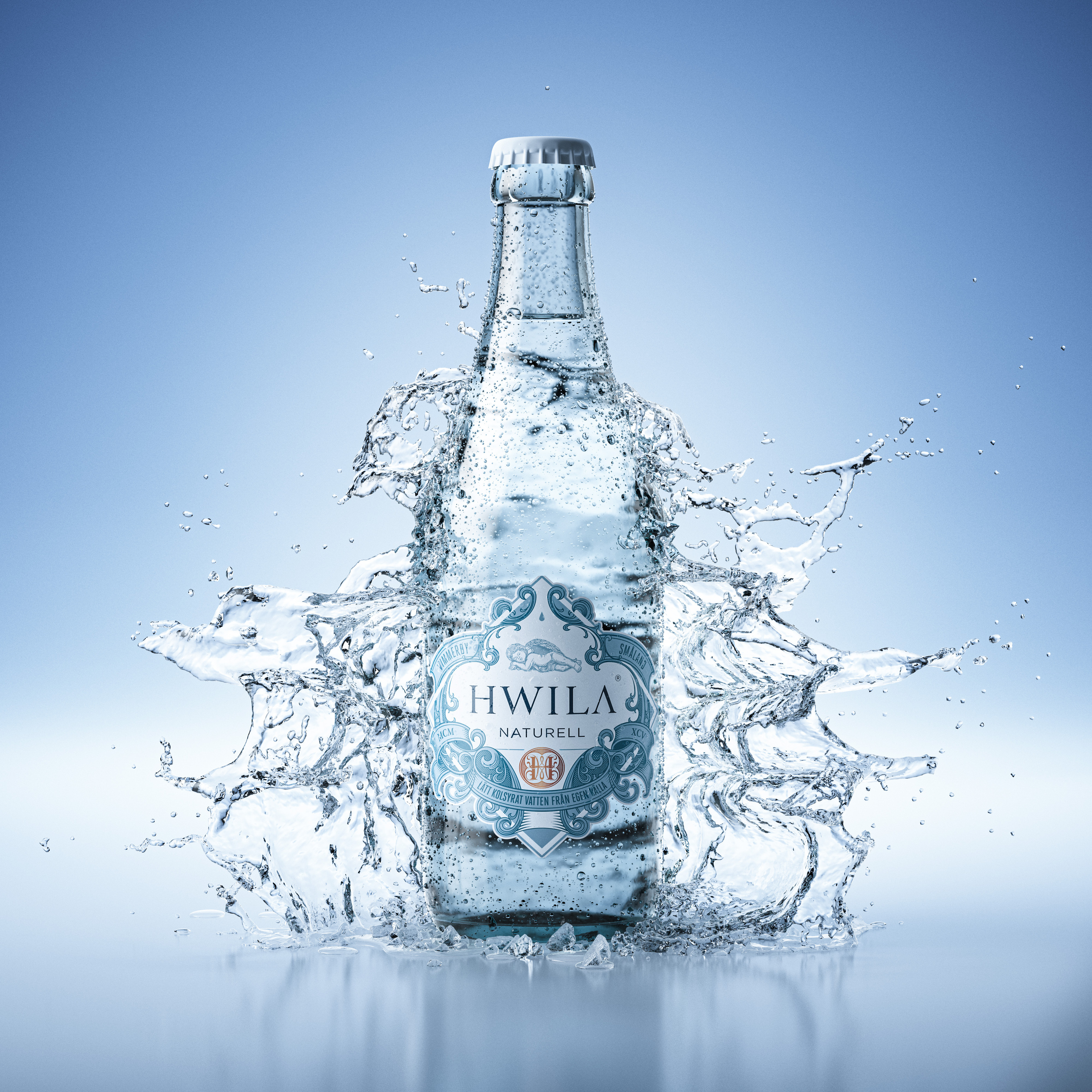 a bottle of carbonated spring water with water splashes and dew drops from While water spring, flaska mineralvatten