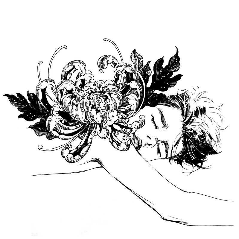 Artwork of lifeless boy with chrysanthemum flower Illustration av livlös pojke med krysantemum blomma