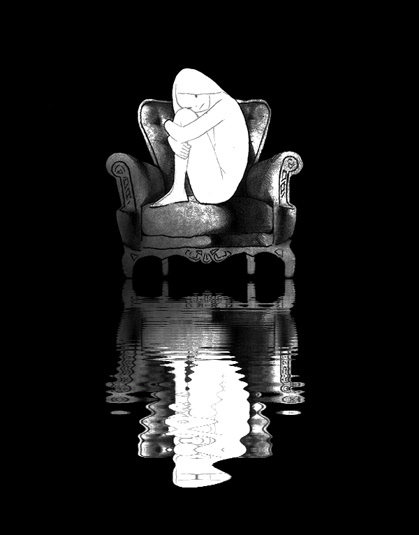 Animation of girl sitting in armchair reflecting in black water animation effect Animation av flicka som sitter i en fåtölj och reflekteras i svart vatten