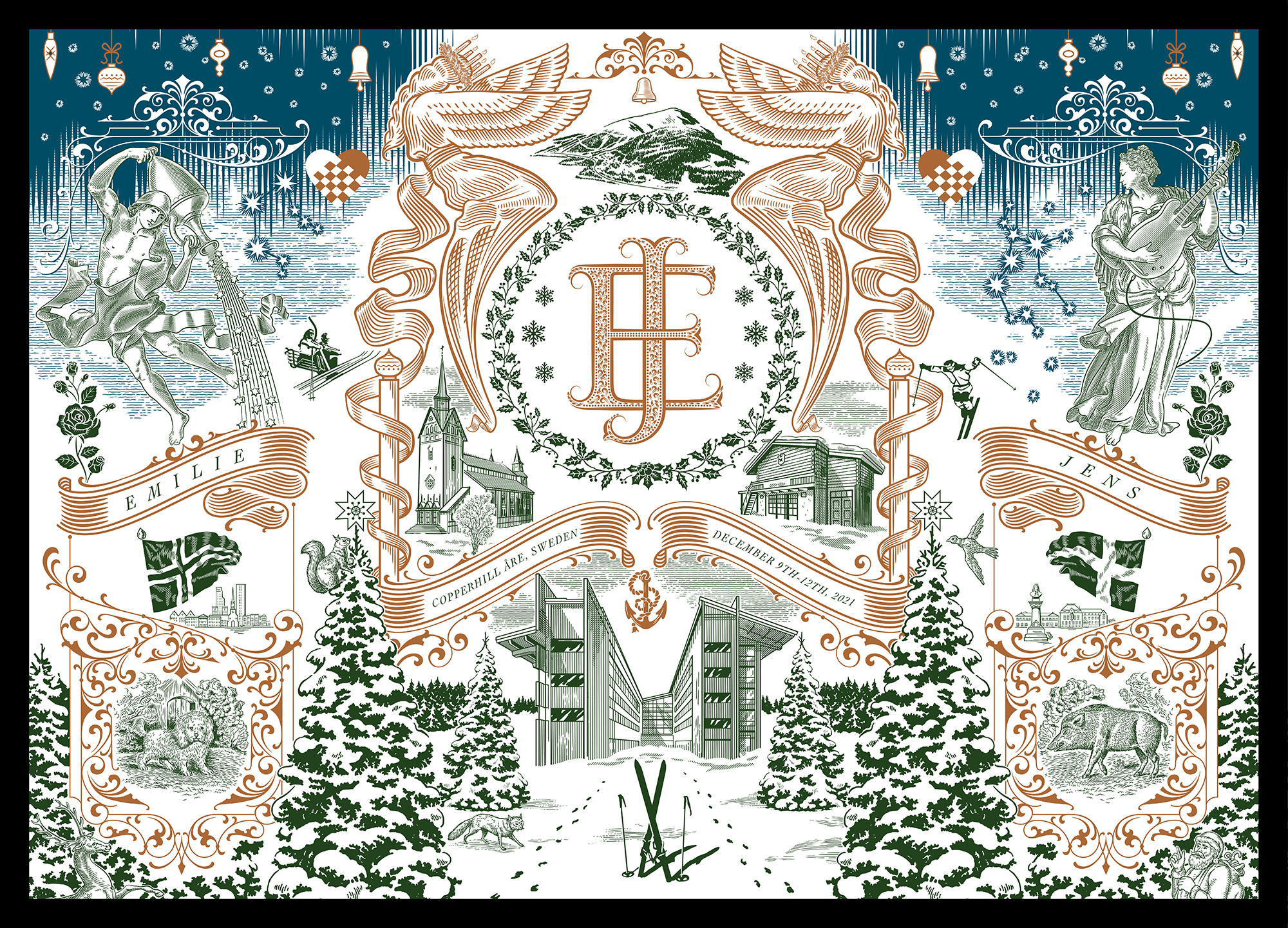 Illustration for an invitation wedding with symbols for the husband and wife in a winter landscape Åre. 