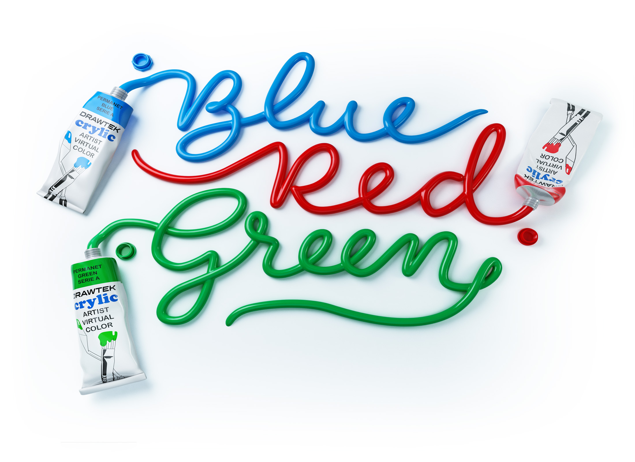 Color tubes, with acrylic color in different hues, drawing text with the paint string
