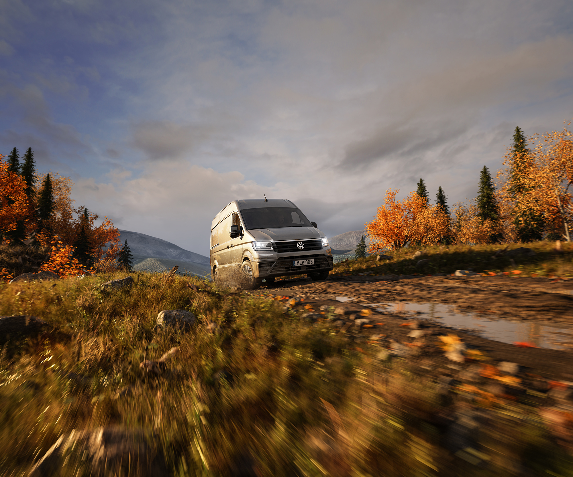 Volkswagen Crafter in the mountains on a backyard in autumn, muddy road Volymax cabinet and pickup Skåp lastbil 