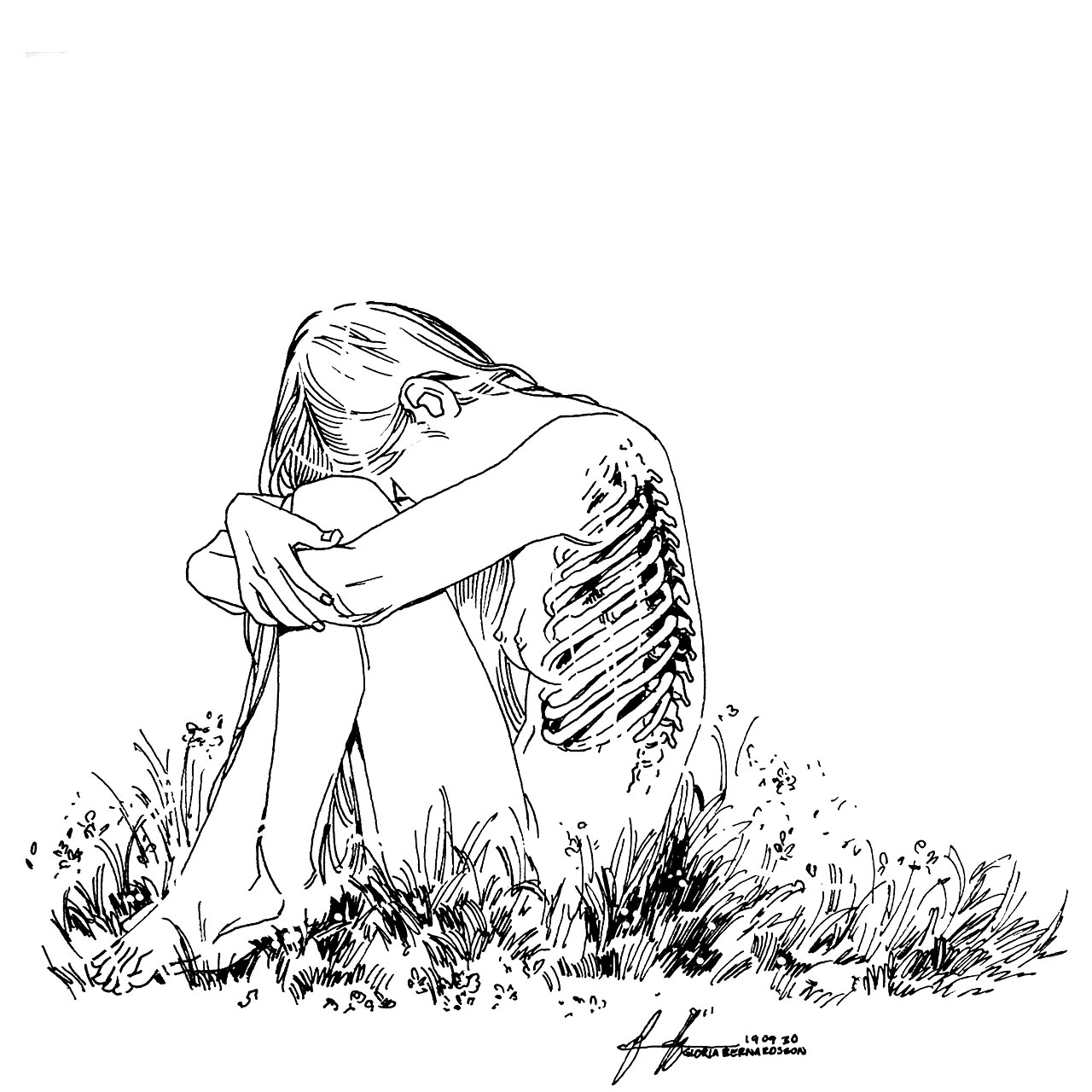 Drawing of girl sitting in grass looking down at ribs in see trough chest Illustration av kvinna som sitter i gräs som ser ner på sina revben genom genomskinlig hud