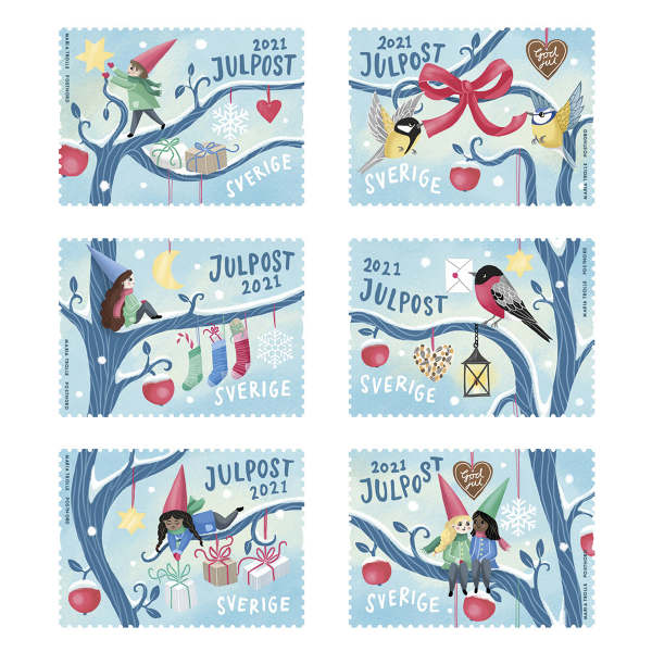 Christmas stamps and postcards based on the stamps, for Postnord 2021 frimärke jul vinter fåglar