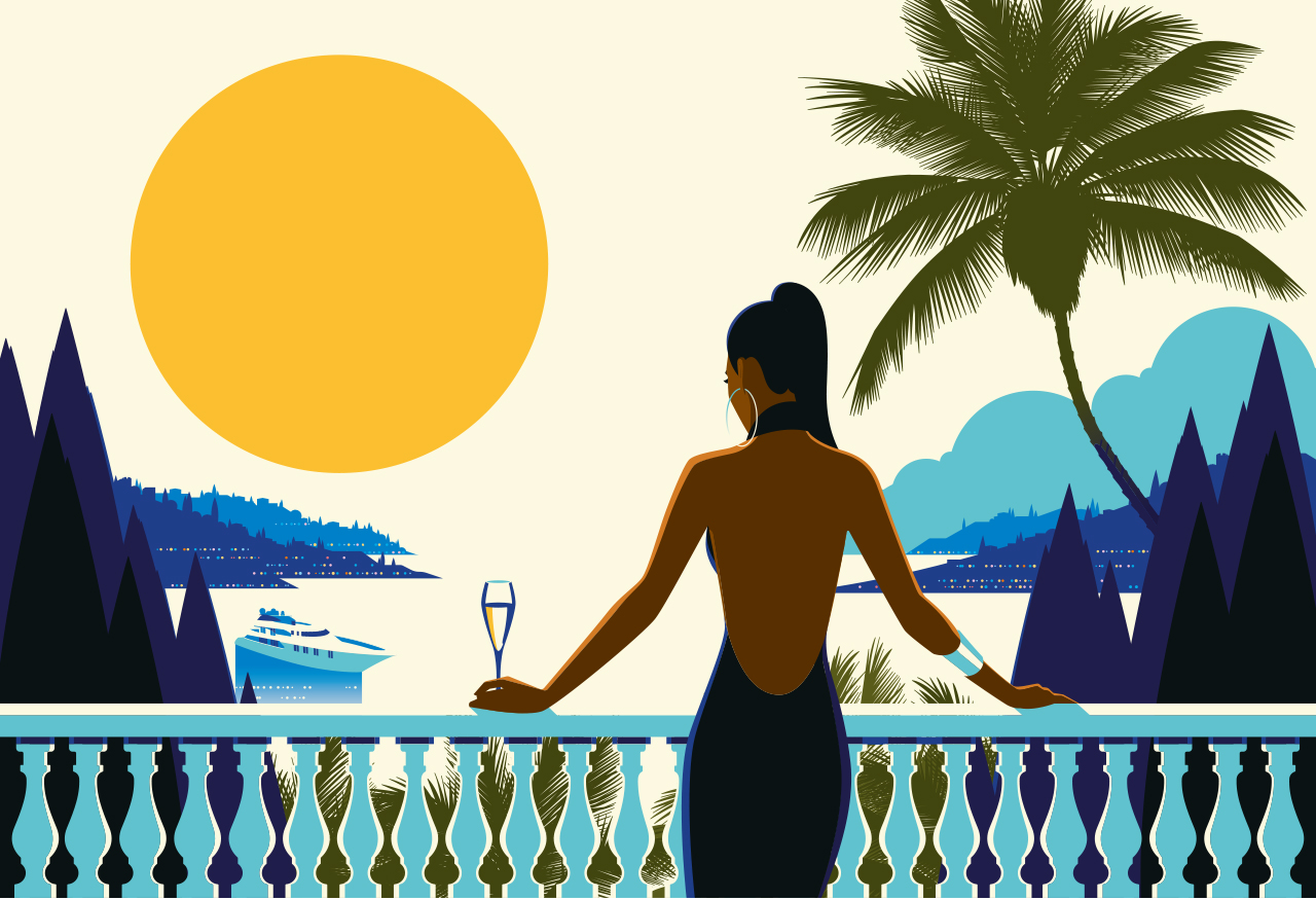 Woman on terrace with palmtrees Kvinna på terrass med palmer