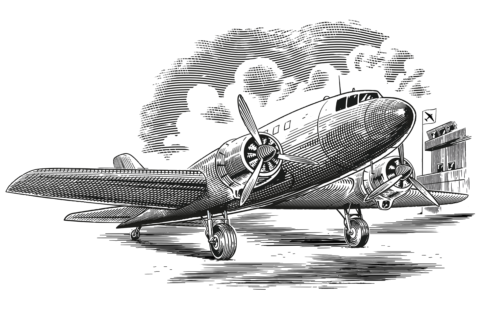 Illustration depicting an airplane at an airport executed in copper engraving style.
