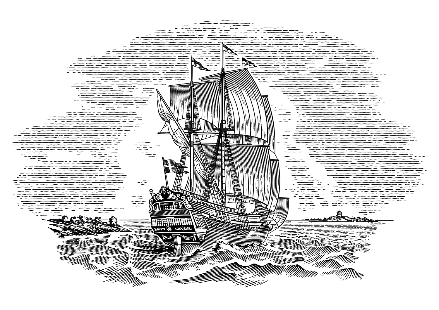 sailing ship, woodcut, engraving