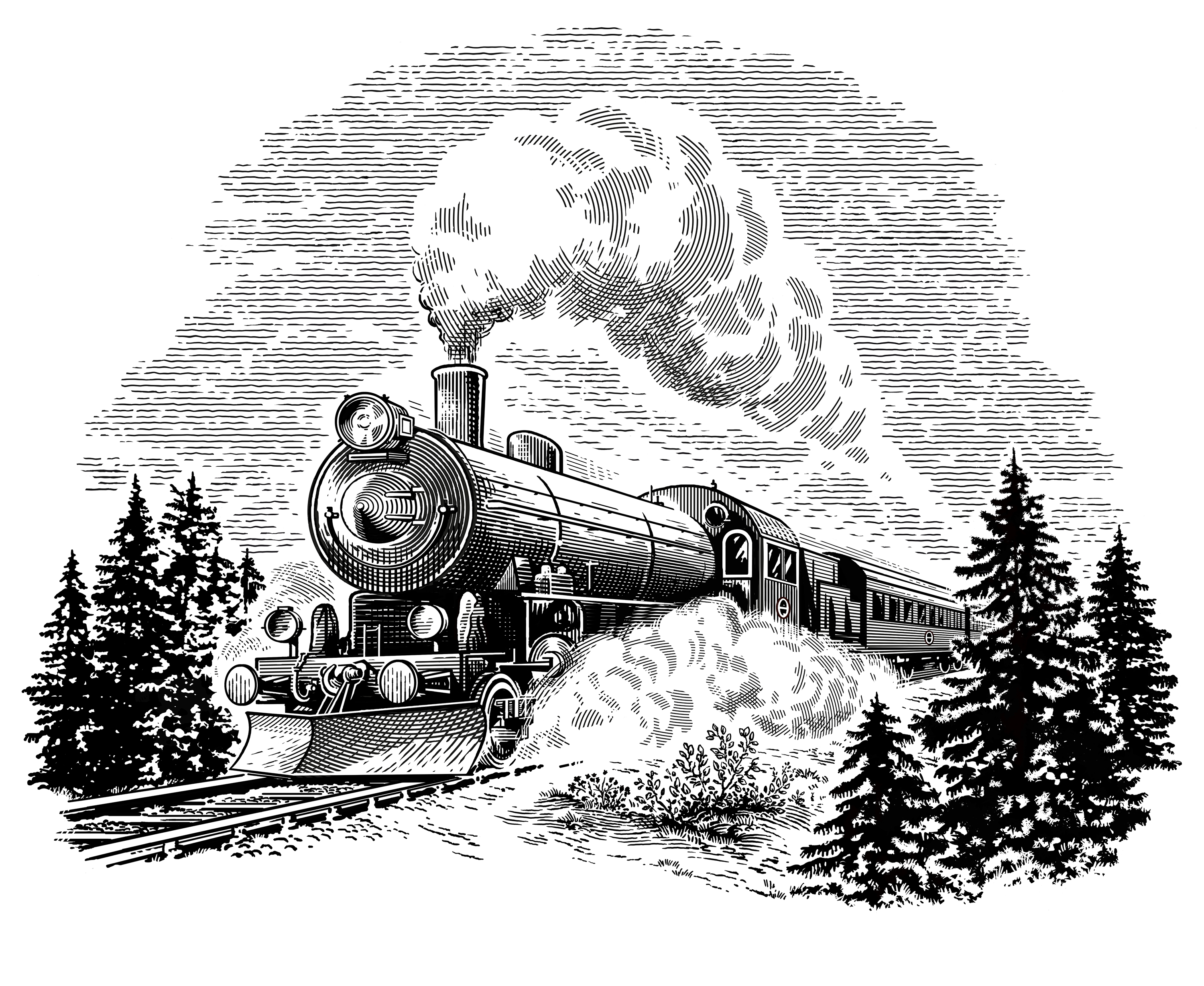 Illustration depicting a train in copper engraving style.