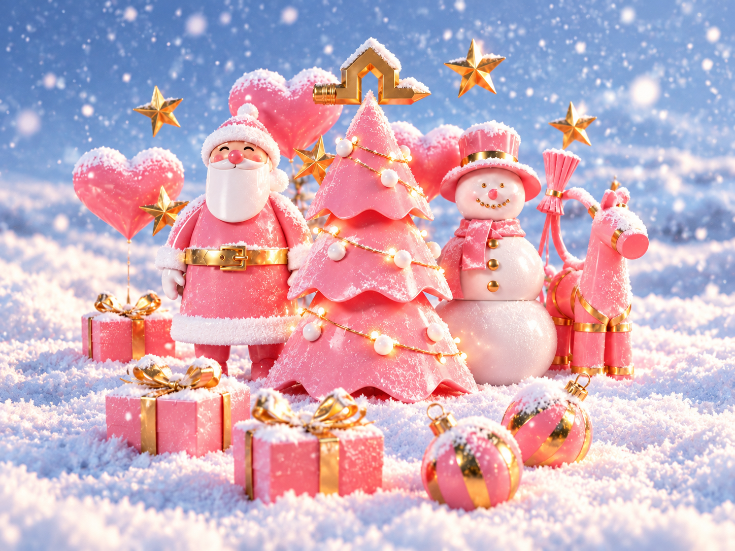 Pink Christmas figures in the snow