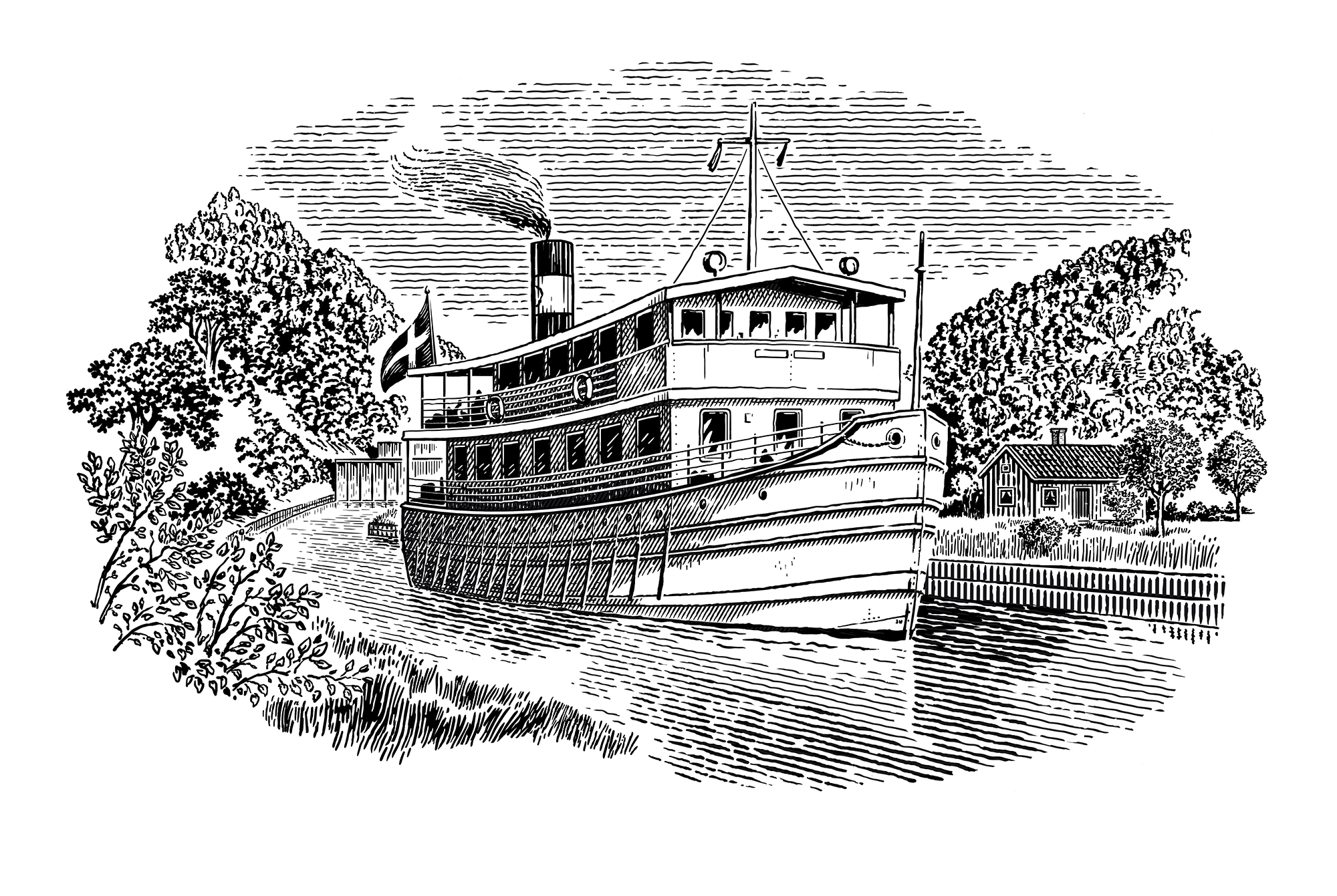 steamship, canal, Göta kanal, woodcut