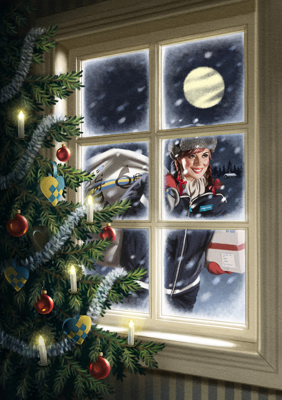 PostNord jul, "Visst finns tomten", there is a santa,christmas tree, julgran, paket.
