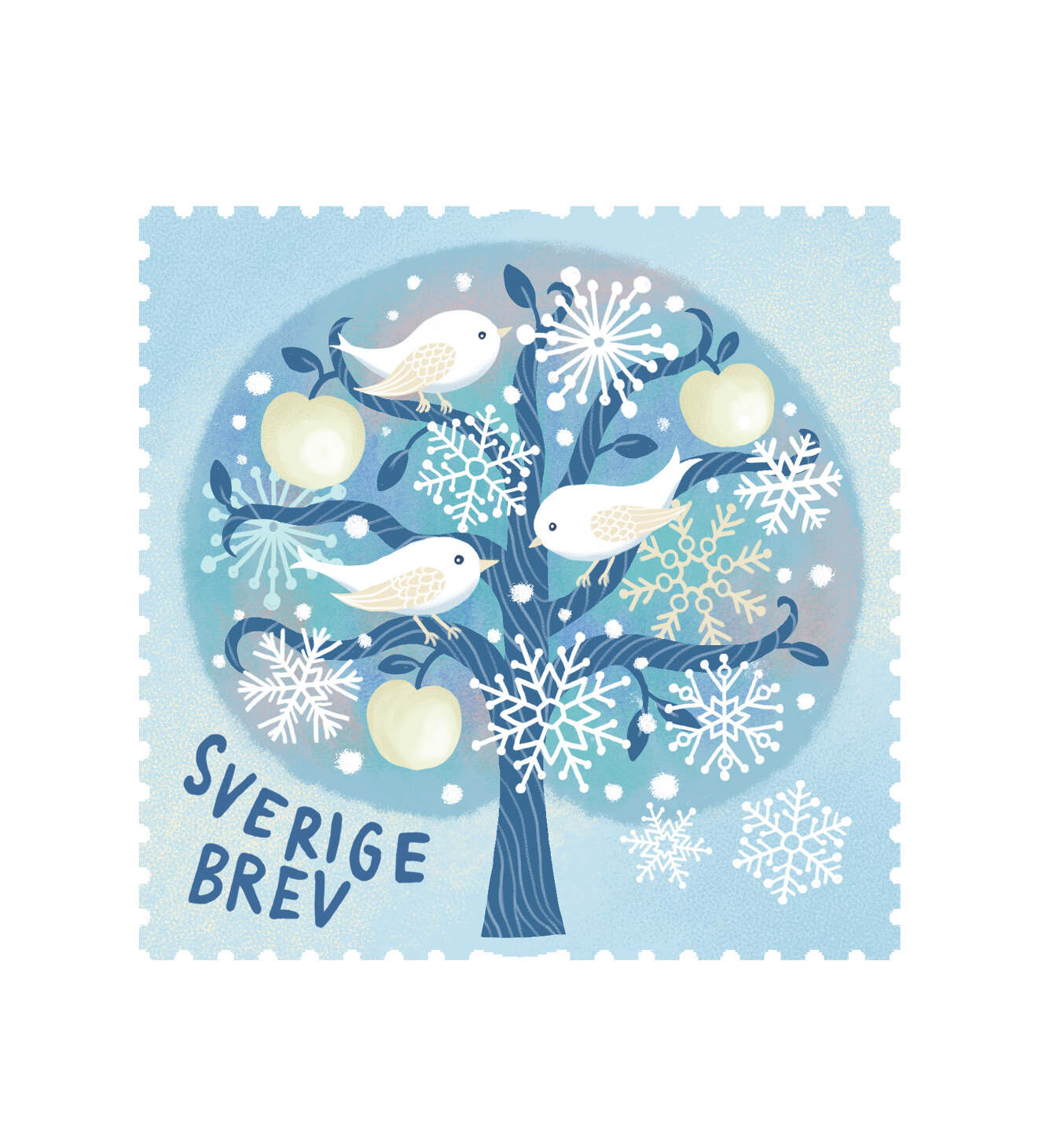 Winter themed stamp and gift bag for Postnord 2021 frimärke fåglar