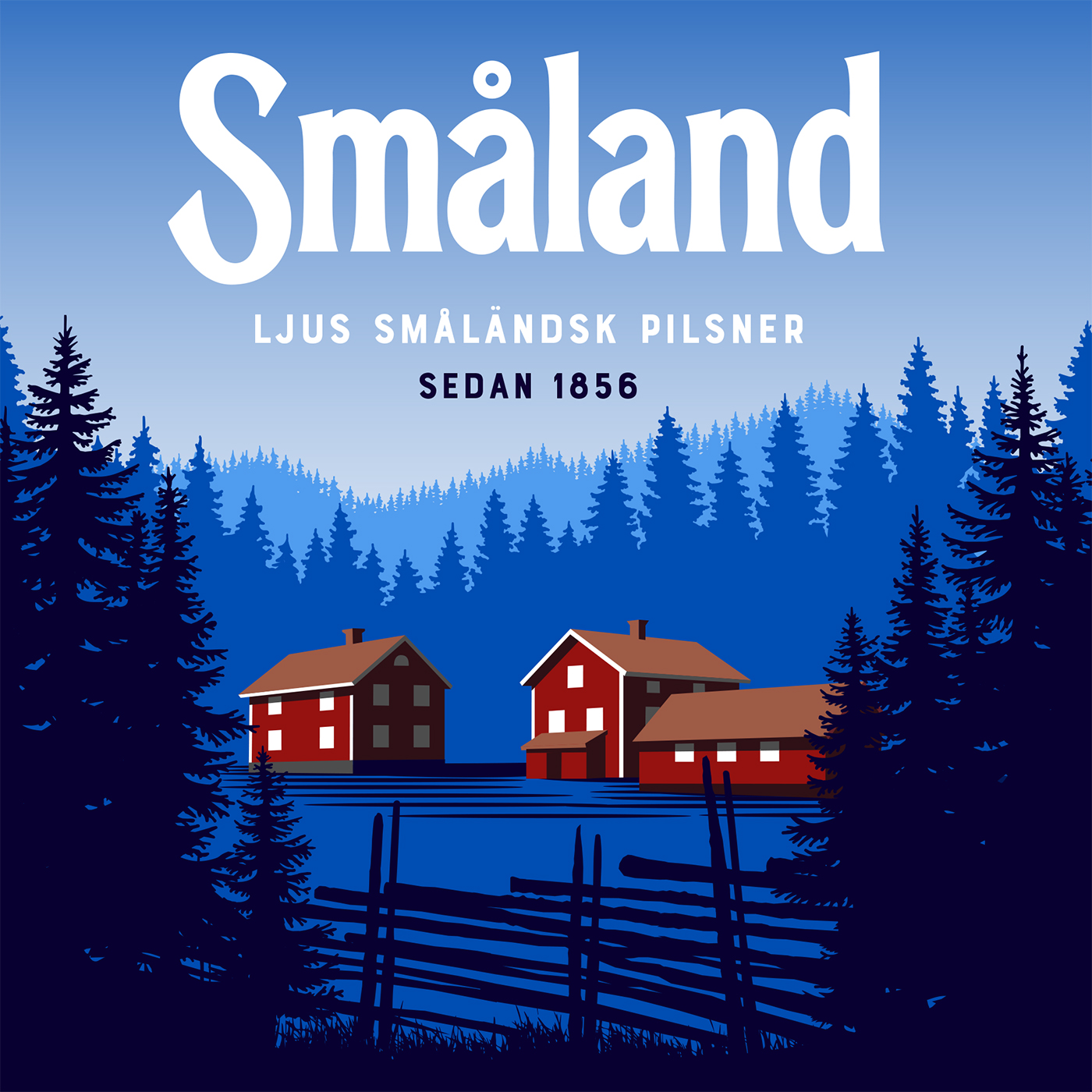 Illustration for a label with nature, houses, elks and dark forrest.