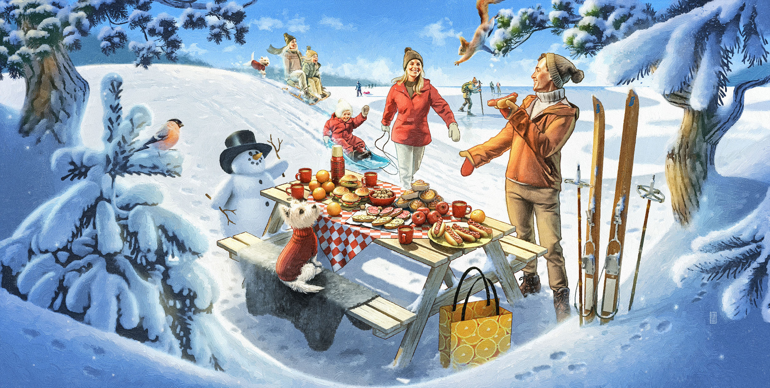 SMarket vinter med picnic i snön snow winter skiis skidor pulka kälke