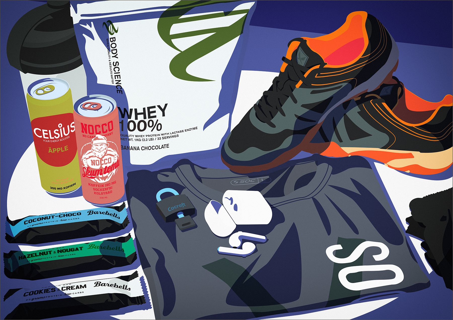 Illustration for a workout kit with objects that comes in handy when training, keeping you fit, working with your fitness, nocco, celsius, soc, shoes, training shoes, headphones, shirt, shorts, energy drinks. 